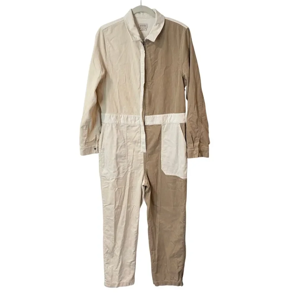 Brixton Women's Mersey‎ Coverall Corduroy Jumpsuit Long Sleeve Cream Tan Large